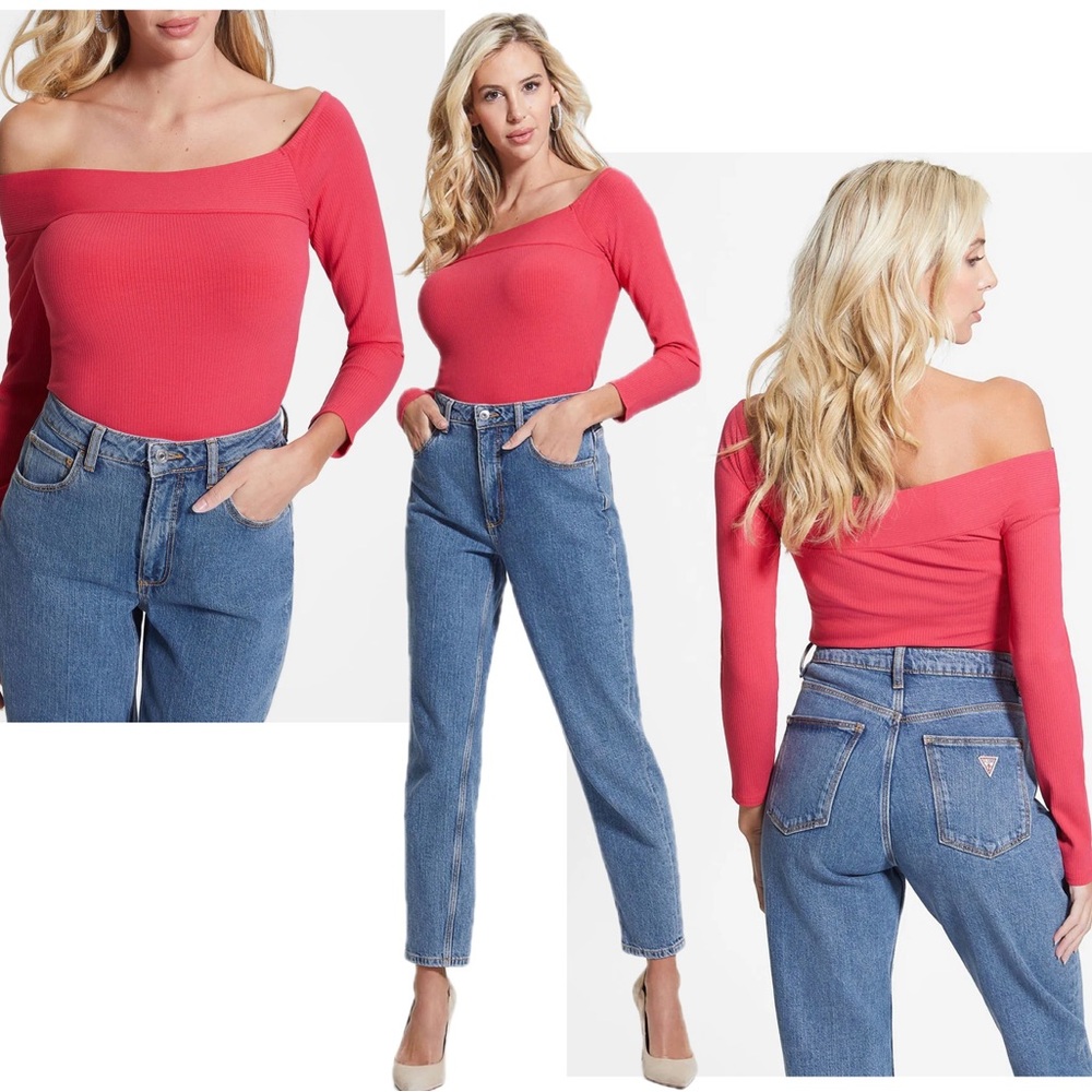 Guess Amelia Off Shoulder Fitted Ribbed Top In Fruit Punch Pink Sz L NWT - Picture 4 of 11
